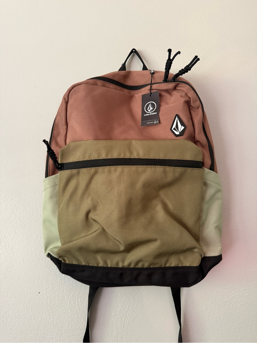 Volcom Men's Colorblock Backpack in Rose, Olive, and Sage